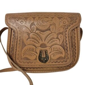 Vintage 1970s Tooled Leather Handbag Adjustable Strap STUNNING boho chic